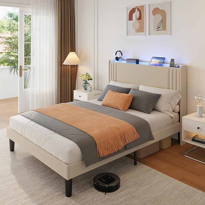 Gizoon Queen Bed Frame with Charging Station and LED Lights,Upholstered Wingback Platform Bed with Wooden Slats,Noise-Free,No Box Spring Needed