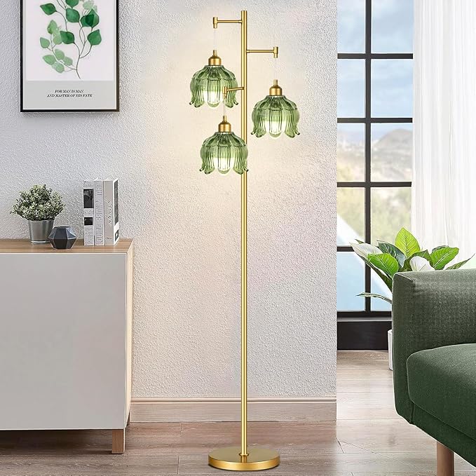 Vintage Floor Lamps for Living Room Bedroom-3 Light Glass Floor Lamp with Three Led Bulb, Flower Tall Floor Lamp Gold Mid Century Modern Standing Lamp Tree Floor Lamps for Living Room Bedroom Corner