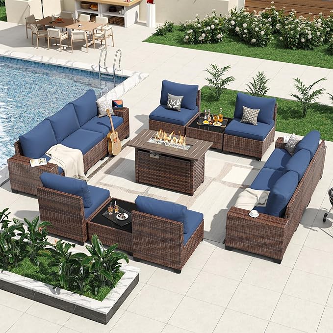 Aoxun 13 Pieces Patio Furniture Set with 44” Fire Pit Table Wicker Rattan Outdoor Sectional Conversation Set with Coffee Table and 4” Thickened Cushions, Blue(Waterproof Cover Included)