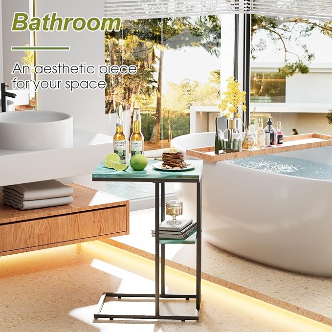 C Shaped End Side Table, Couch Sofa Table for Small Space, Snack Table with Metal Frame, TV Tray Table for Bed, Living Room, Bedroom, Bedside(Sea Blue)