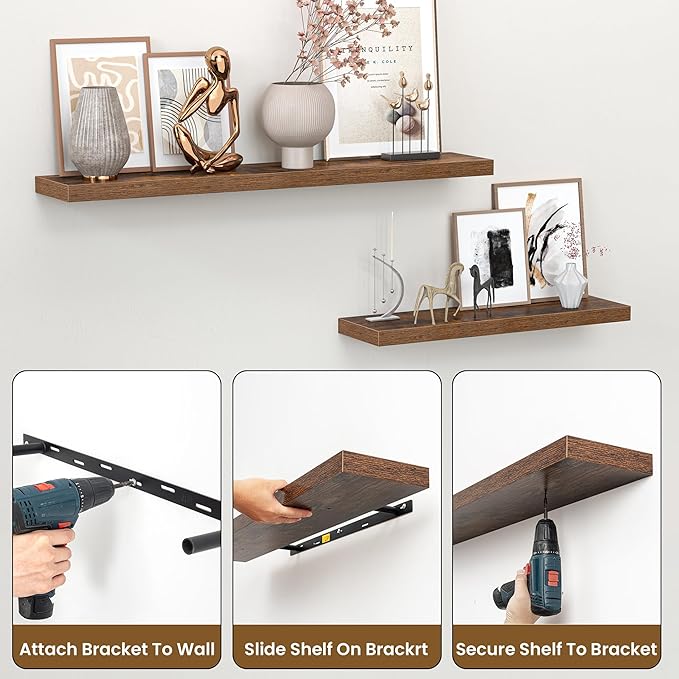 Heimlove 55 Inch Floating Shelves for Wall,Extra Long Mounted Storage Wall Shelves with Invisible Metal Bracket for Bedroom Living Room Kitchen Office Set of 2,Rustic Brown