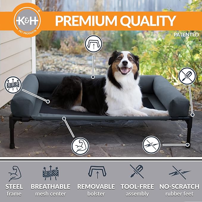 K&H Pet Products Bolster Dog Cot, Cooling Indoor Outdoor Elevated Cot Hammock Dog Bed with Removable Washable Bolsters, Washable Mesh Cover, Raised Metal Frame - Large 42 X 30in Charcoal