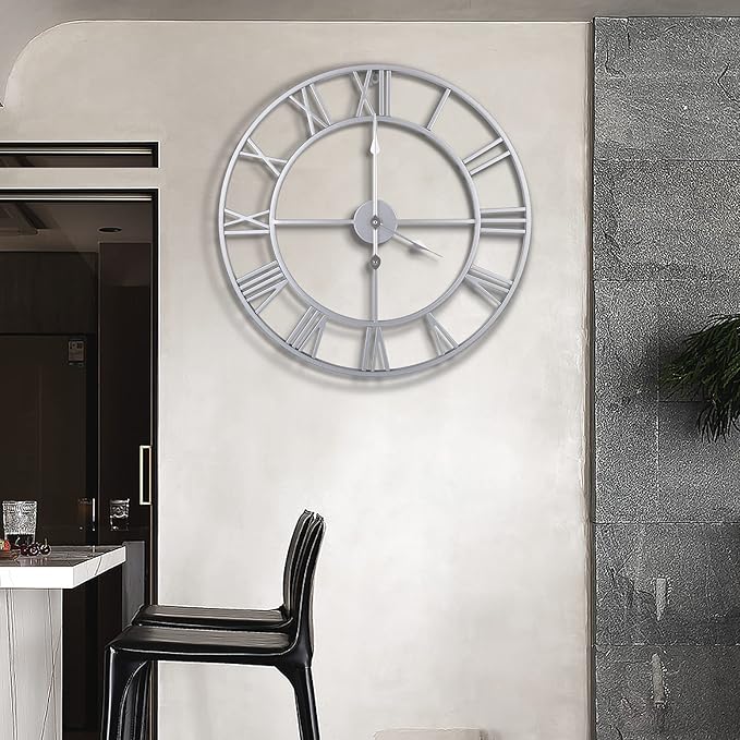 1st owned Large Wall Clock, Metal Retro Roman Numeral Clock, Modern Round Wall Clocks Almost Silent, Easy to Read for Living Room/Home/Kitchen/Bedroom/Office/School Decor (Silver, 16 Inch)