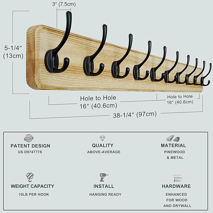 Dseap Coat Rack Wall: 38-1/4" Long, Patented, Heavy-Duty, 10-Double-Hooks Wooden Wall Mounted Coat Rack Coat Hanger Hook Rail for Winter Coats Hat Jacket Clothing, Light Brown, Pack of 2