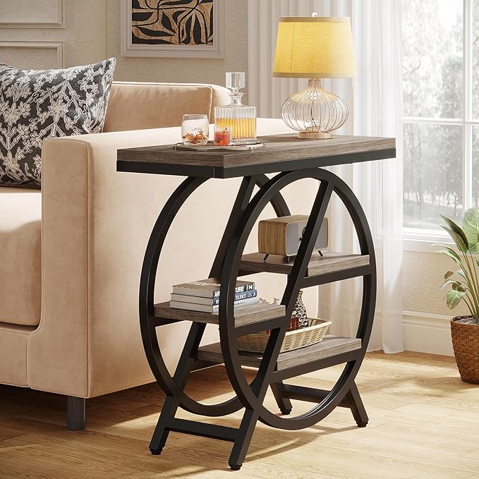 Tribesigns End Table for Living Room, 3-Tier Narrow Side Table with Storage, Wood Sofa Side Table with Geometric Metal Frame, Industrial Nightstand and Bedside Table for Bedroom