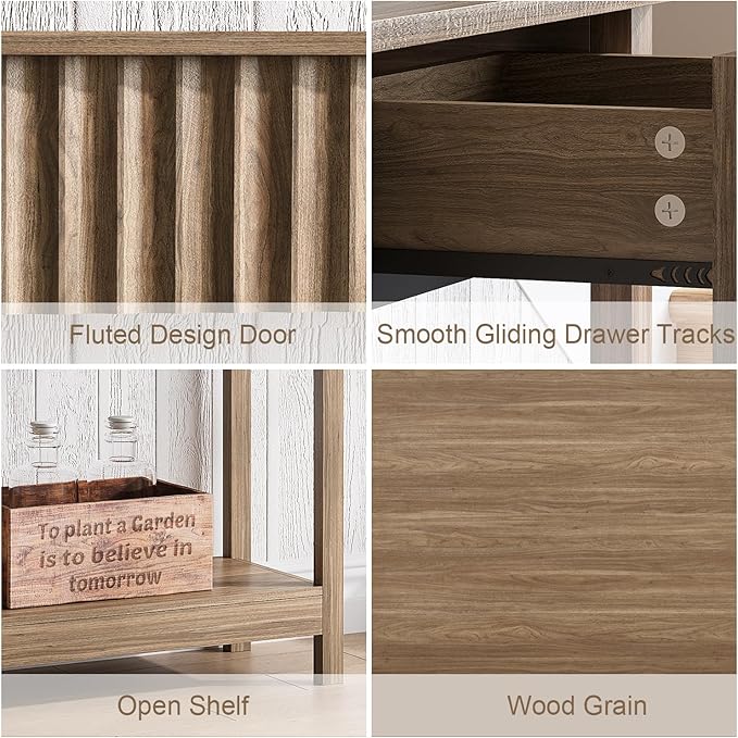 Treocho 47" Console Table with Drawers, Fluted Narrow Entryway Table with Open Shelf, Farmhouse Sofa Table Behind Couch for Hallway, Living Room, Brown Walnut