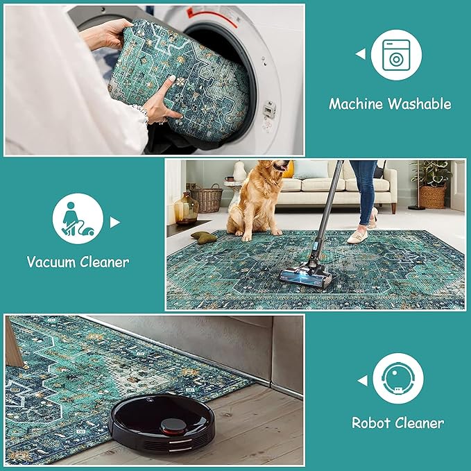 Moynesa 2x4 Teal Vintage Floral Medallion Runner Rug - Machine Washable, Non-Slip, Low Pile, Indoor Use Only