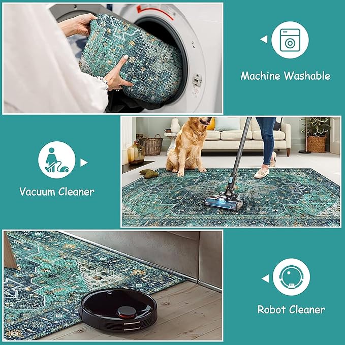 Moynesa Ultra-Thin Washable 5ft Round Rug - Teal 5x5 Circle Rugs for Living Room, Vintage Dining Room Mat Stain Resistant Nursery Carpet for Bedroom Mudroom Kitchen Apartment Home Office