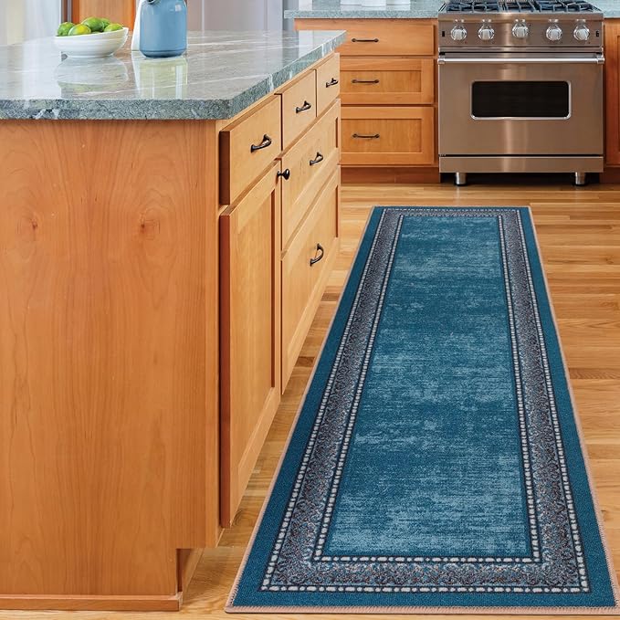 Antep Rugs Alfombras Bordered Modern 2x7 Non-Slip (Non-Skid) Low Pile Rubber Backing Indoor Area Runner Rug (Turquoise Blue, 2' x 7')