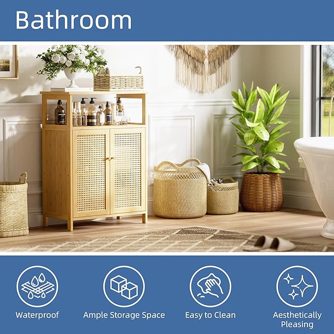 HITNET Rattan Bathroom Storage Cabinet, Bamboo Floor Cupboard with 2 Doors, Freestanding Side Organizer for Living Room, Kitchen, Entryway, Natural