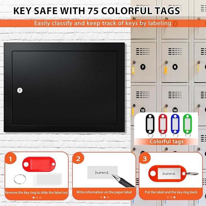 75 Keys Key Lock Box Wall Mount with 75 Colored Key Tags, Anti-Theft Key Box Key Cabinet with Side Opening, Key Organizer Key Safe for Home Office Garage Rental Business
