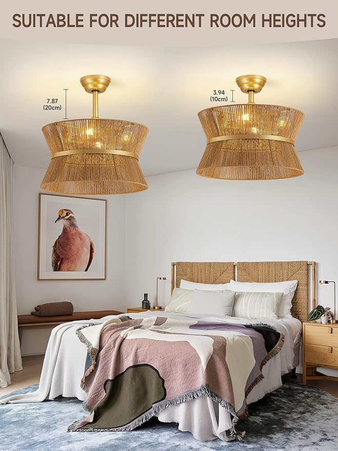 Boho Fandelier Ceiling Fan with Light and Remote Rattan Chandelier Fan Gold Caged Ceiling Fan with Light for Bedroom, Living Room Nursery Foyer Kitchen（6 Speed, Timing Adjustable Height）