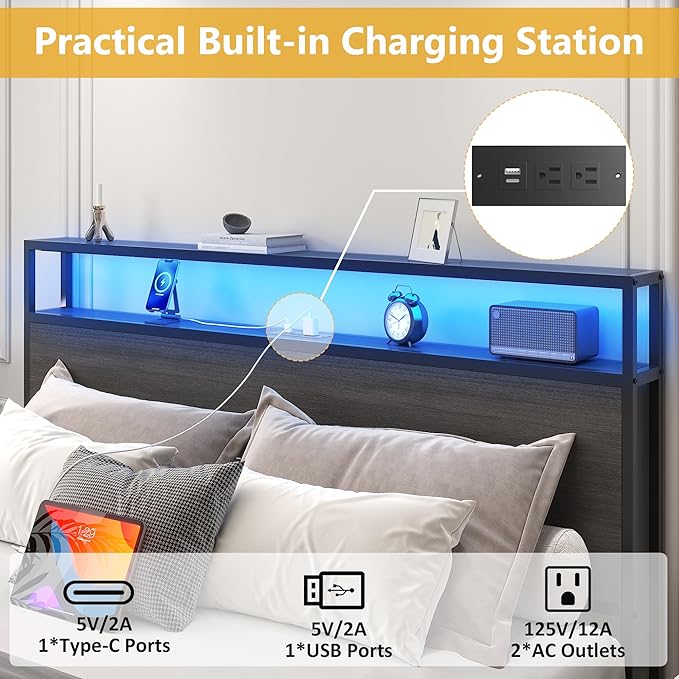 Lifezone Queen Bed Frame with 2-Tier Storage Headboard, Metal Platform Bed Frame with 4 Storage Drawers, Built in Charging Station & LED, Noise-Free/Metal Support/No Box Spring Needed, Rustic Grey