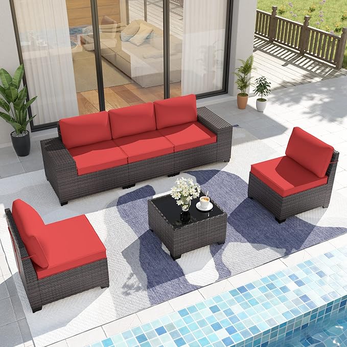 Kurapika 6 Pieces Patio Furniture Set, Rattan Wicker Outdoor Conversation Sets w/4 Inch Cushion and Glass Coffee Table(Red)
