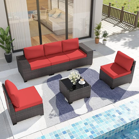 Kurapika 6 Pieces Patio Furniture Set, Rattan Wicker Outdoor Conversation Sets w/4 Inch Cushion and Glass Coffee Table(Red)