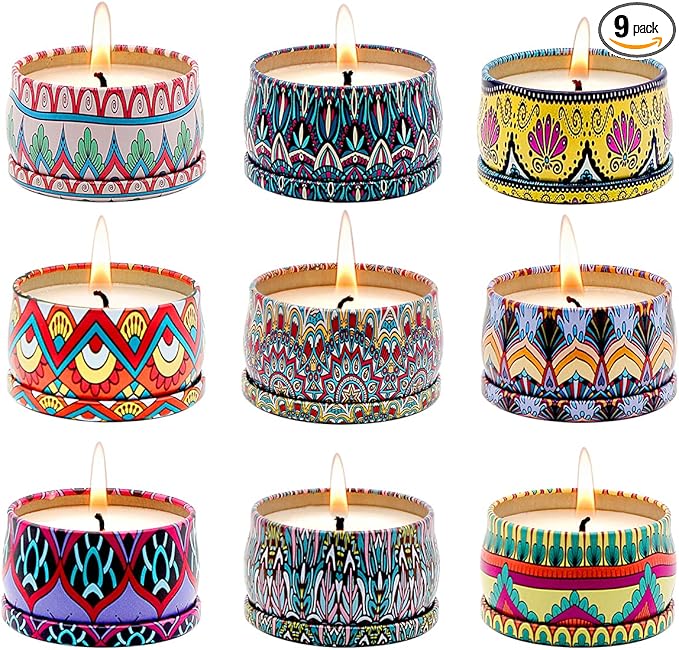 Bohemian Scented Candle for Christmas Thanksgiving Housewarming Gift, Set of 9 2.2oz Aromatherapy Candle for Stress Relief, Bohemian Tin Candle