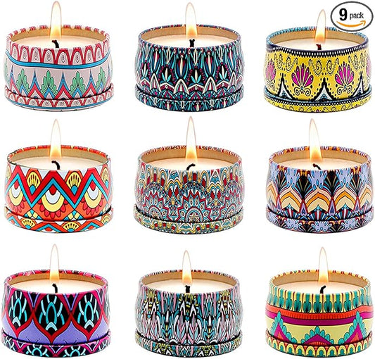 Bohemian Scented Candle for Christmas Thanksgiving Housewarming Gift, Set of 9 2.2oz Aromatherapy Candle for Stress Relief, Bohemian Tin Candle