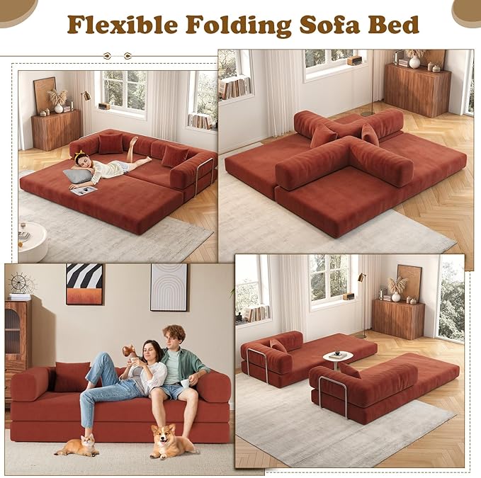 Antetek Convertible Futon Sofa Bed, 3-Seater Modern Corduroy Foam Floor King Size Bed Fold Out Sleeper Lounge Loveseat Sofa Couch with 2 Throw Pillows for Living Room Bedroom Guest Room, Tangerine