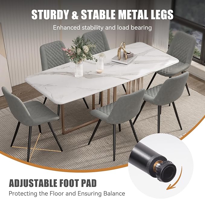 Modern Dining Chairs Set of 2, Top PU Leather Upholstered Dining Room Chairs with Metal Legs, Ergonomic Kitchen Chairs for Kitchen Dinning Room, Grey