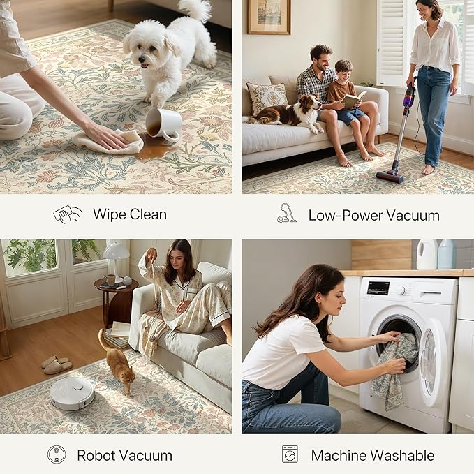 GENIMO 8x10 Washable Area Rug, Non-Slip Vintage Boho Floral Carpet, Soft Low-Pile Thin Living Room Rug for Bedroom, Dining Room, Nursery, Beige Pink