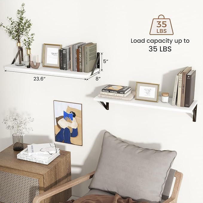 Axeman White Floating Shelves for Wall 24 Inch | 8 Inch Deep Wood Floating Shelves Set of 2 | 24W x 8D Rustic Wall Shelves for Bathroom Kitchen Living Room | Bookshelf Display Shelves