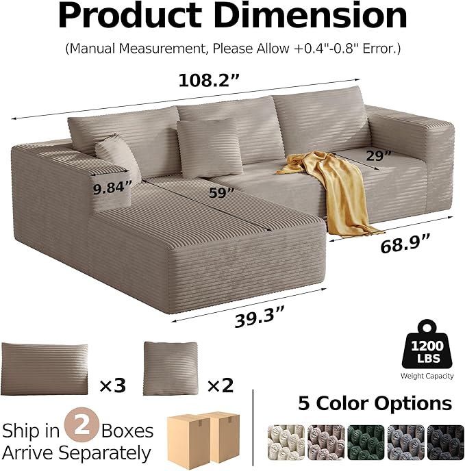 108'' Modular Sectional L-Shaped with Chair,Deep Seat Boneless Corner Couch for Living Room,Plush Corduroy Couch with Detachable Sofa Set,No Assembly(Left Facing Chaise,Camel)