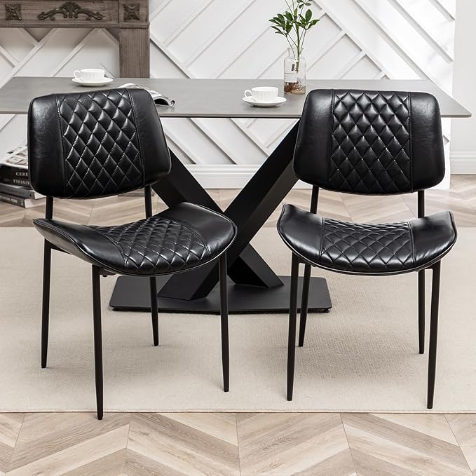 Modern Dining Chairs Set of 2, Leather Dining Chair with Metal Legs, Upholstered Dining Room Chairs for Dining Room, Kitchen, Vanity (Black)