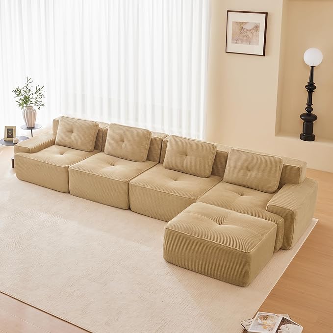 150.4'' Sectional Sofa, 32D Foam Corduroy Boneless Couch with Pillow, Deep Seat Wide Arm Sectional L Shaped Couch for Living Room, Apartment, Bedroom