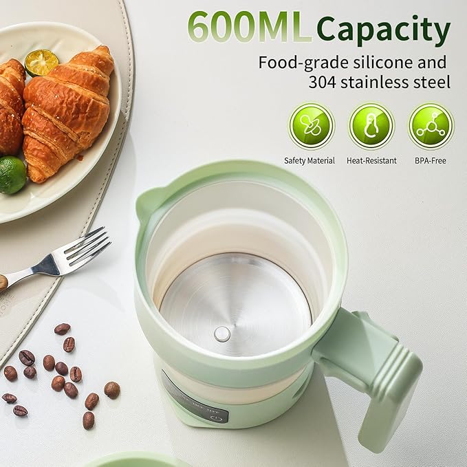 Travel Electric Kettle-Collapsible Portable Electric Kettle, 600W Foldable Small Water Boiler with 4-Temp Presets, Food Grade Silicone for Hotel, Office, Camping (Green, 600mL)