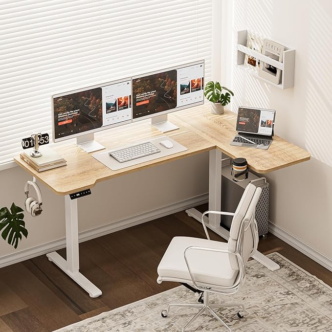 71" Reversible L-Shaped Electric Standing Desk Adjustable Height Gaming Stand Up Corner Desk Sit Stand Home Office Computer Desk with Splice Board, Basswood
