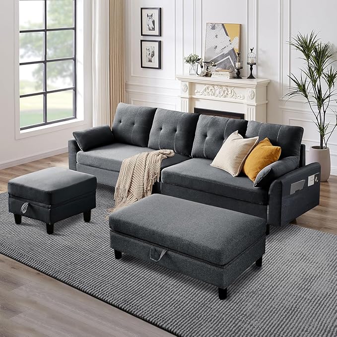 102" L-Shape Sofa Couch, Couch with Ottoman Coffee Table, 4 Seat Modern Sofa with Removable Cover for Apartment and Living Room, Dark Grey
