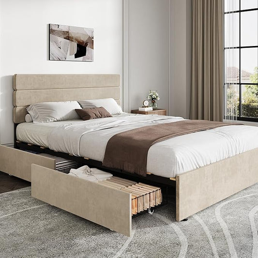 WLIVE Queen Size Upholstered Bed Frame with 4 Drawers and Velvet Square Tufted Headboard, Sturdy Metal & Wooden Slats Support, No Box Spring Needed, Easy Assembly, Beige