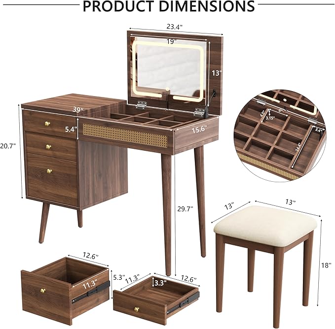 Merax 39" Retro Bohemian Style Vanity Desk, Makeup with Mirror & LED Lights, 3 Drawers & 10 Compartments Storage Dressing Table with Flip-Top Tabletop, Walnut