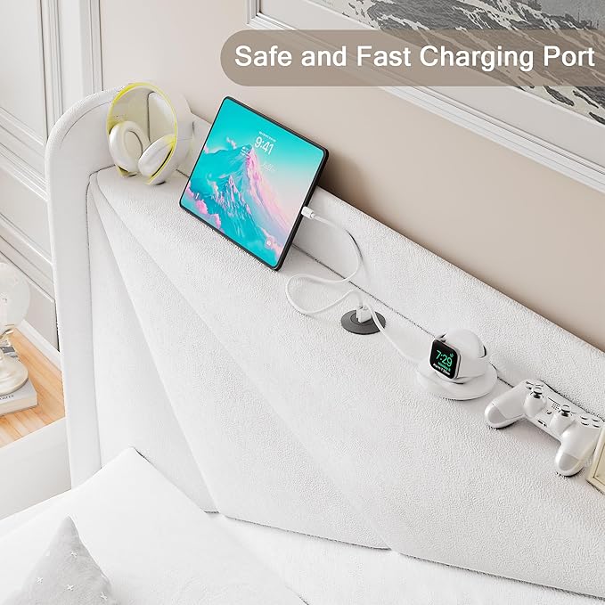 Twin Size Upholstered Bed Frame with Charging Station, Platform Bed Frame with Storage Headboard, Solid Wood Slats Support, No Box Spring Needed, White
