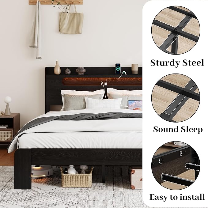 Wooden King Size Bed Frame with Storage Headboard, Farmhouse Platform Bedframe with Charging Station & Led Lights, Sturdy Wood Slat Framework, Easy Assembly (Rustic Black, King)