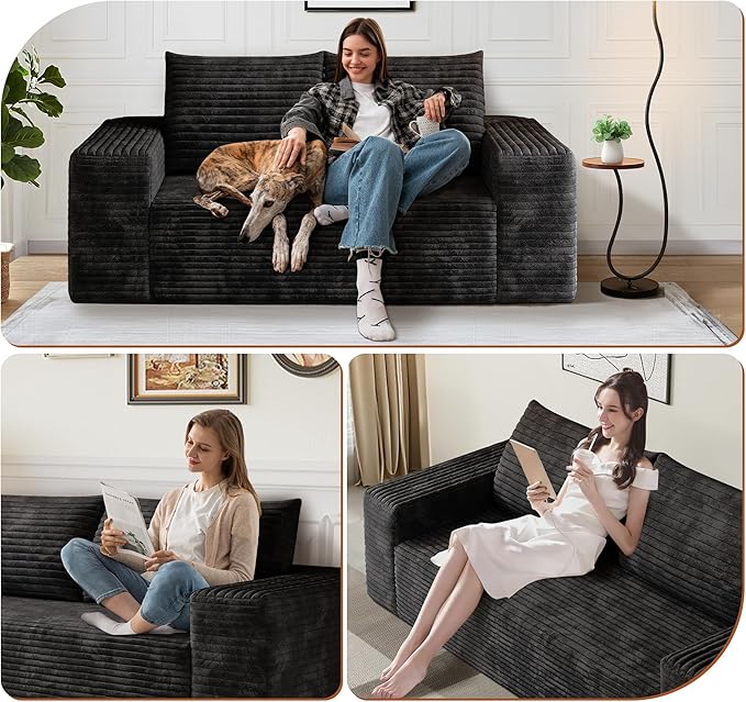 63" Corduroy Loveseat Sofa, 2-Seater Cloud Couch, Boneless Couch in a Box, Comfy Deep Seat Sofa with Memory Foam, Pillows and Wide Armrests, Modern Small Couches for Small Spaces, No Assembly (Black)