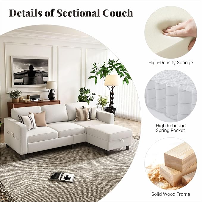 Small Sectional Couch, L Shaped Sectional White Couch in a Box, Small Couches with Ottoman, 3 Seater Sofa for Living Room, Apartment, Dorm, Office