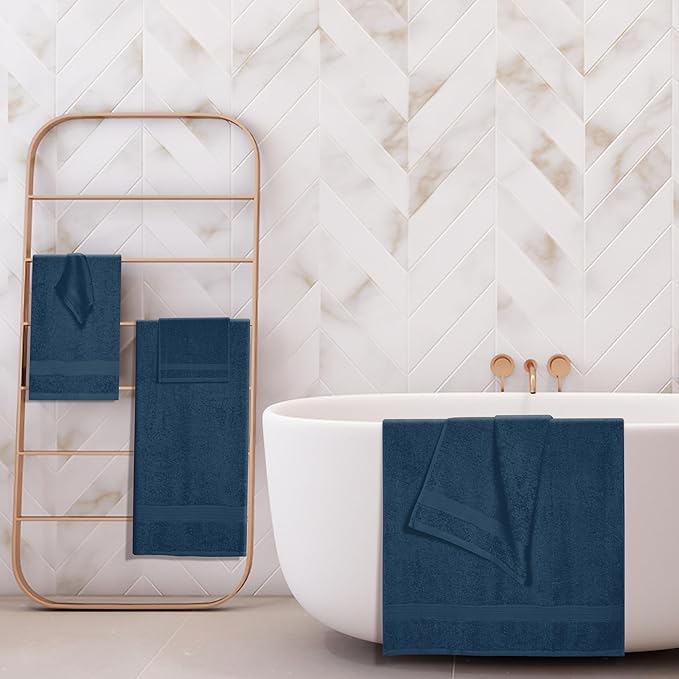 BOUTIQUO 6 Pack Cotton Towel Set, Contains 2 Bath Towels 27x54 inch, 2 Hand Towels 16x24 inch & 2 Wash Coths 12x12 inch, Ideal Everyday use, Ultra Soft Compact & Lightweight - Mineral Blue