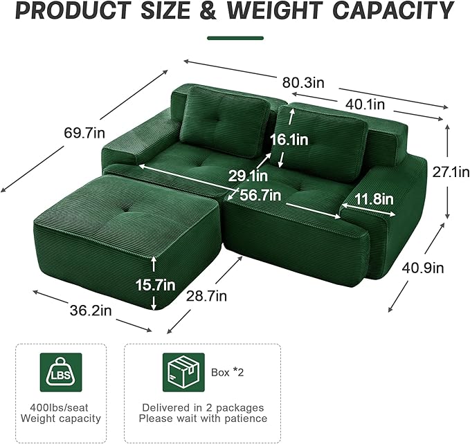 80'' Loveseat Sofa, 32D Foam Corduroy Boneless Couch with Pillow, Deep Seat Wide Arm Sectional L Shaped Couch for Living Room, Small Spaces, Studio Apartment
