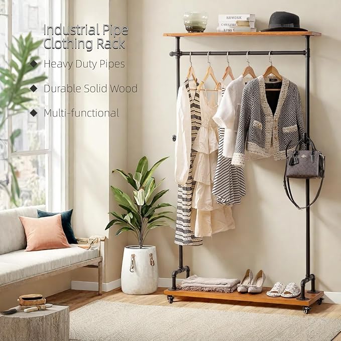 Industrial Pipe Clothing Racks, Rolling Garment Racks, Hall Tree on Lockable Wheels with Shelves and Shoes Storage, Heavy Duty Clothes Rack (two tiers garment rack)