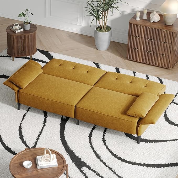 89” Futon Sofa Bed, Comfy Futon Couch Bed with 2 Square Pillows,Convertible Sleeper Sofa with Adjustable Backrest& Armrests, Modern Loveseat Sleeper for Living Room,Velvet Fabric Yellow