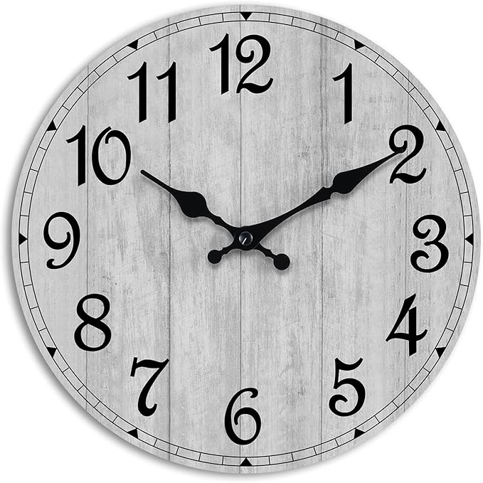 HYLANDA Wall Clock, Rustic Wall Clocks Battery Operated Silent Non Ticking, Country Round Wooden Clocks Farmhous Wall Decorative for Kitchen, Bathroom, Living Room (Gray 8 Inch)