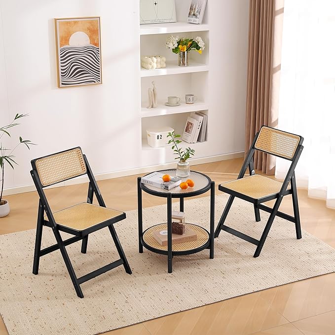 Tiita Rattan Dining Chairs Set of 2, Mid Century Modern Folding Chair, Bamboo Folding Dining Chairs for Small Space, Dining Room, Living Room, Bedroom, Black
