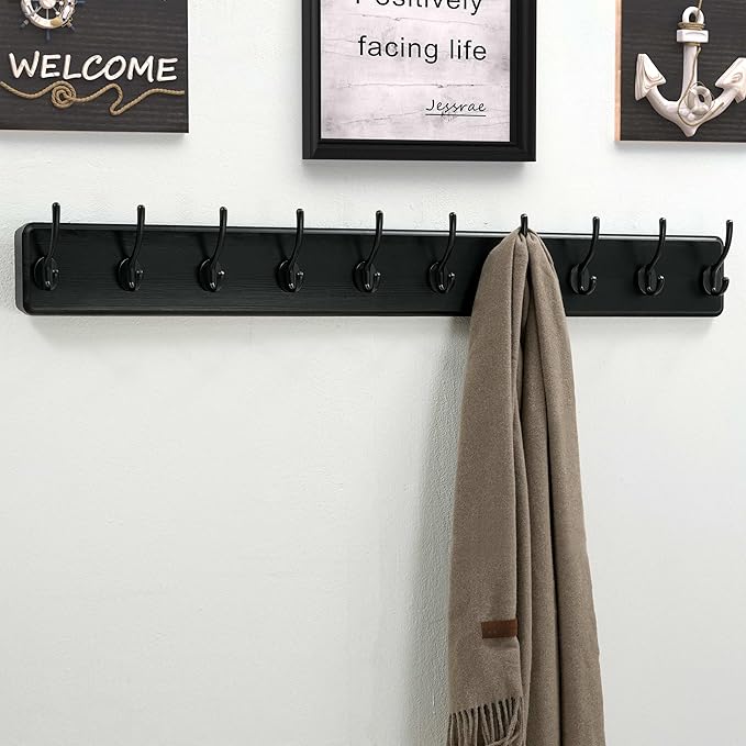 Dseap Coat Rack Wall: 38-1/4" Long, Patented, Heavy-Duty, 10-Double-Hooks Wooden Wall Mounted Coat Rack Coat Hanger Hook Rail for Winter Coats Hat Jacket Clothing, Black