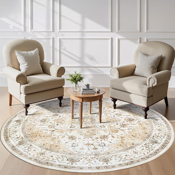AMADA HOMEFURNISHING 6ft Round Area Rug, Low-Profile Washable 6x6 Rugs with Non-Slip Backing & Durable Edge Binding, Vintage Rug for Kitchen, Bedroom & Hallway, Beige