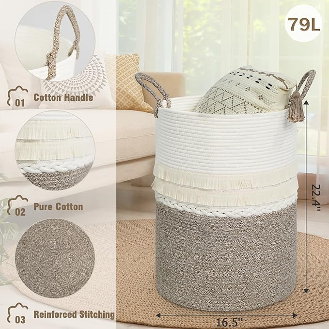 danpinera 79 L Large Laundry Basket, Tall Woven Cotton Storage Hamper with Handles, Dirty Clothes Hamper in Bathroom, Decorative Storage Basket for Living Room White & Brown