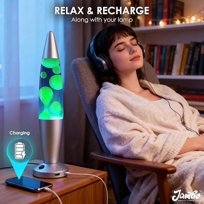 JAMBO Beautiful Liquid Lamp with USB Ports, 16" Motion Light with Blue Liquid Yellow Wax, Relaxing Nightlight, Mood Light for Bedroom, Living Room, Office - Adults, Teens, Kids