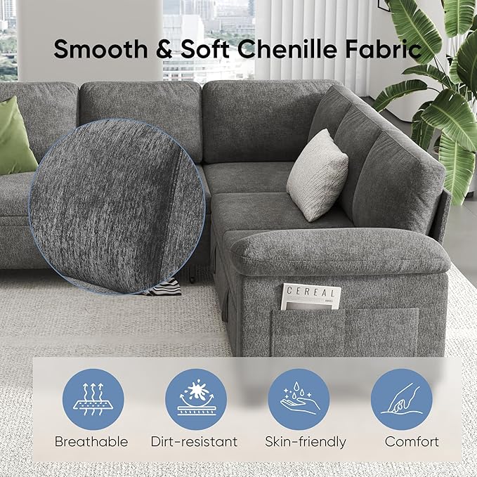 76.8" Modular Sectional Sleeper Sofa with Pull Out Bed,U Shaped 5 Seat Sectional Sofa with Storage, Modular Couch for Living Room,Deep Seat Couch with Removable Sofa Cover,Gray