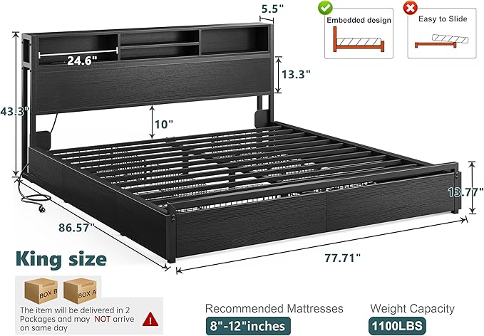 EnHomee King Size Bed Frame with 6 Storage Drawers King Bed Frame and Headboard, Storage Bed with Charging Station, No Noise,No Box Springs Needed,Black