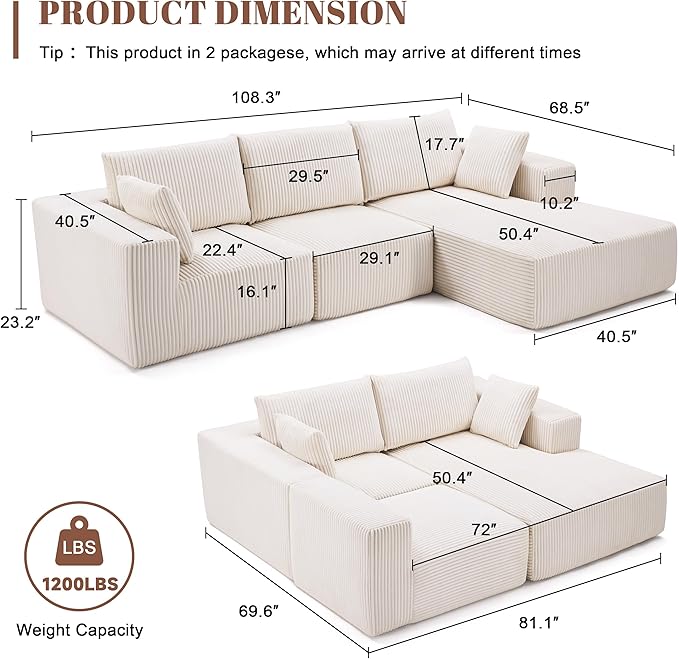 108” Modular Sectional Sofa, Cloud Sectional Couch with Deep Seat, Modern Modular L-Shape Sofa with Chaise,Upholstered Boneless Couches for Living Room (Corduroy, Beige)